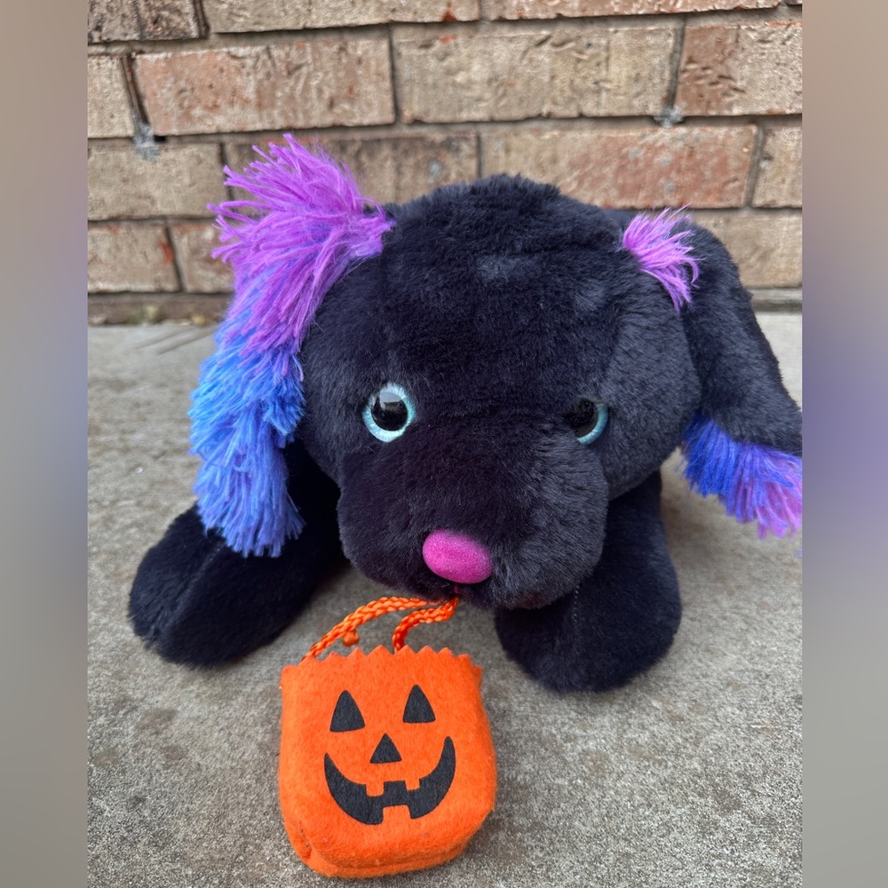 Mty Intl. Halloween Black Dog Plush 23” Laying Down Purple Ears Pumpkin Bag